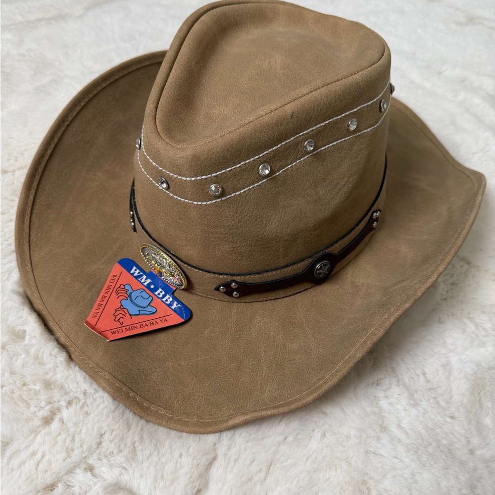 Western Cowboy Hat with Rhinestone Studded Band - Tan